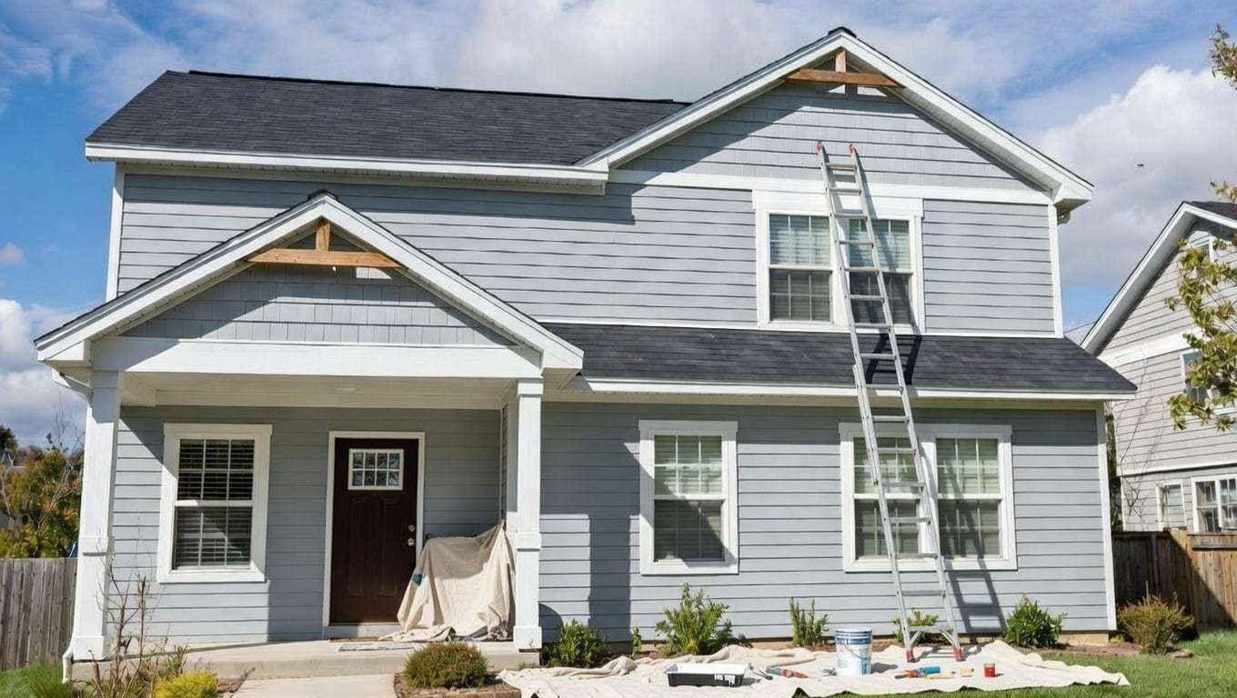 Two-story light blue house mid-repaint with a ladder against the gable and painting supplies on the front walk