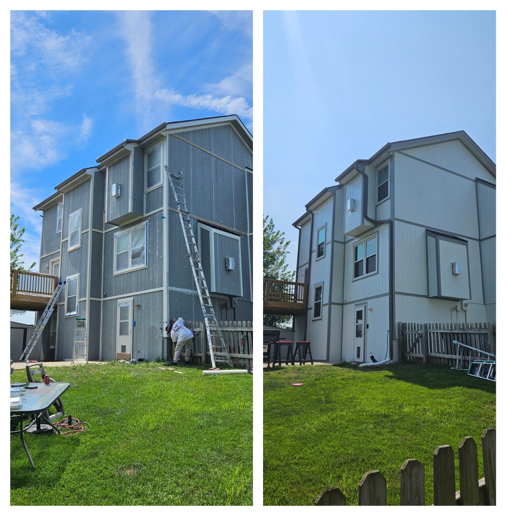 Before and after exterior painting on a tall 3-story home in Liberty – ACS Painting KC transformed the siding with fresh paint for updated curb appeal and weather protection